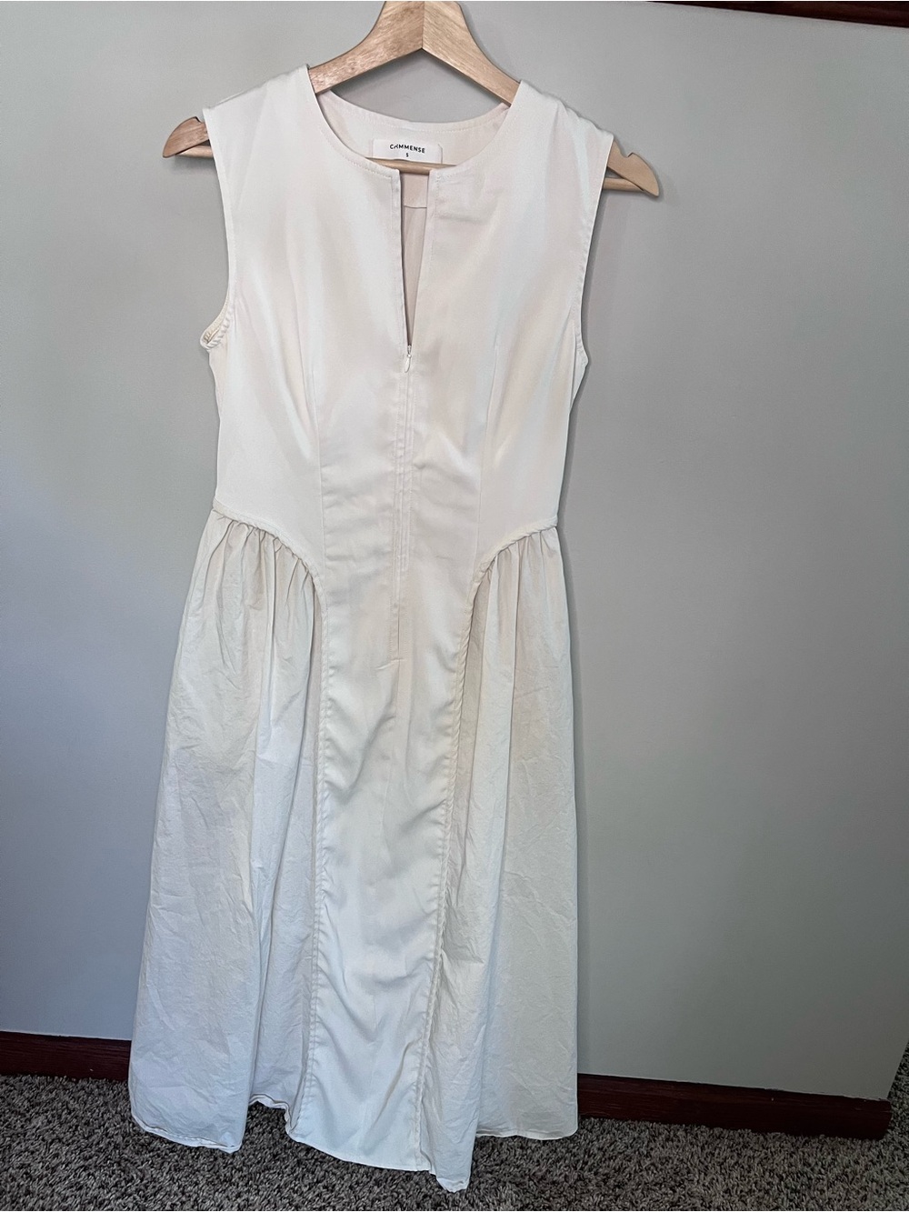 Commense Womens Off White Sleeveless Paneled Zip Front Midi Dress Size S